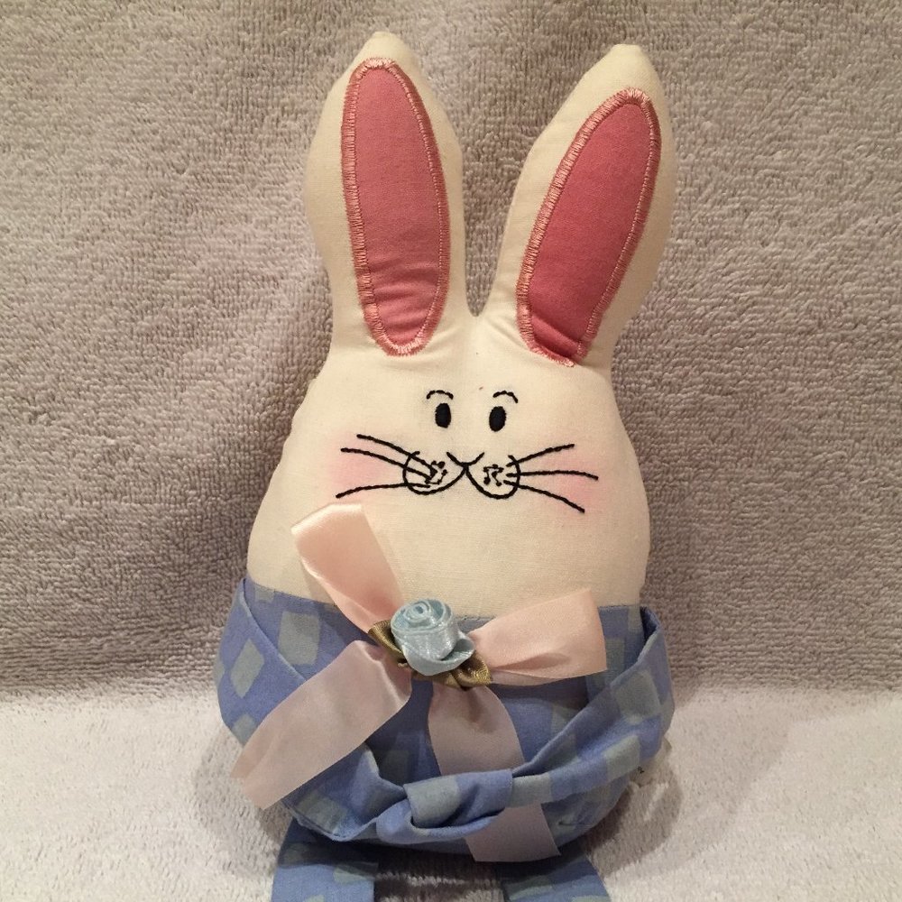 EUC Overly Raker, Inc. Stuffed Bunny, Blue & Green Pants, 8" T x 4 1/4" W
